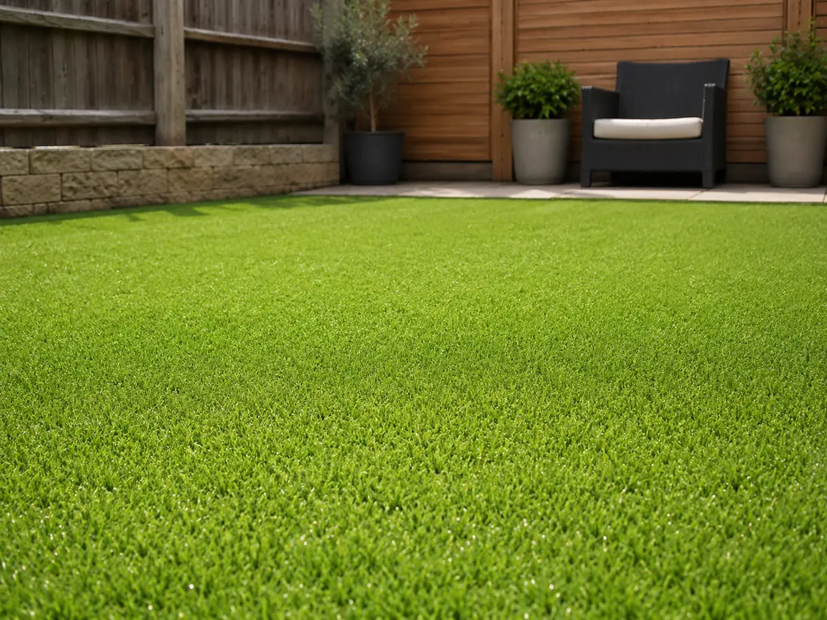 Artificial grass front yard with clean edging and paving